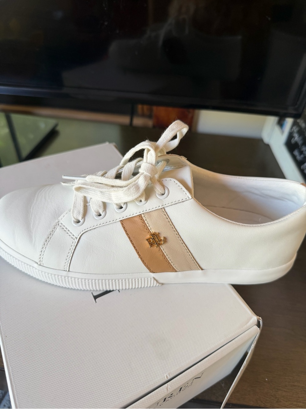 Ralph Lauren White Leather Women’s Sneakers with Tan Accent - Picture 2 of 5